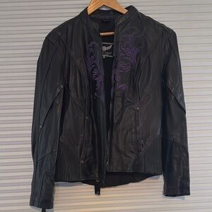 Women's Black Leather Jacket with Purple Accents